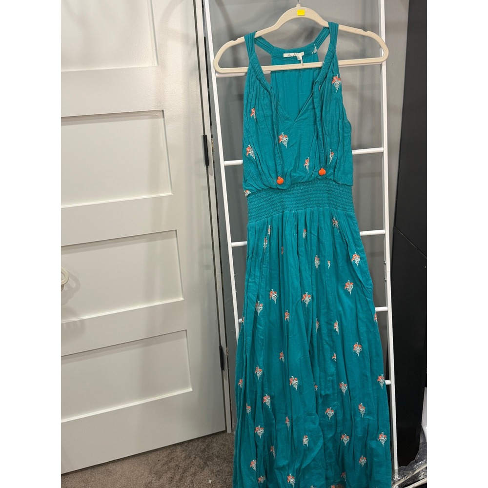 Floreat Anthropologie Teal Skyscape Embroidered Smocked Maxi Dress Size 0 Boho